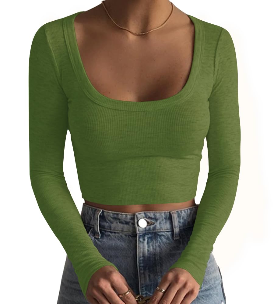 Artfish Women's Square Neck Long Sleeve Ribbed Slim Fitted Casual Basic Crop Top
