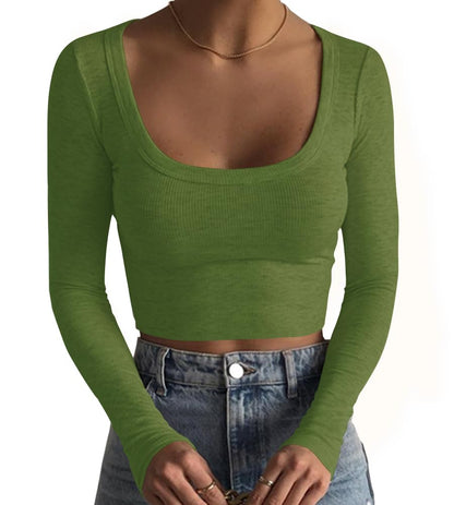 Artfish Women's Square Neck Long Sleeve Ribbed Slim Fitted Casual Basic Crop Top