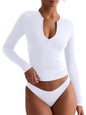 REORIA Double Lined Quarter Zip Sexy V Neck Long Sleeve Cropped Top Going Out Tops for Womens Fall Fashion 2024