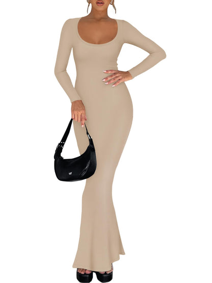 REORIA Womens Basic Sexy Square Neck Long Sleeve Soft Lounge Long Dress Fall Casual Ribbed Bodycon Maxi Dresses