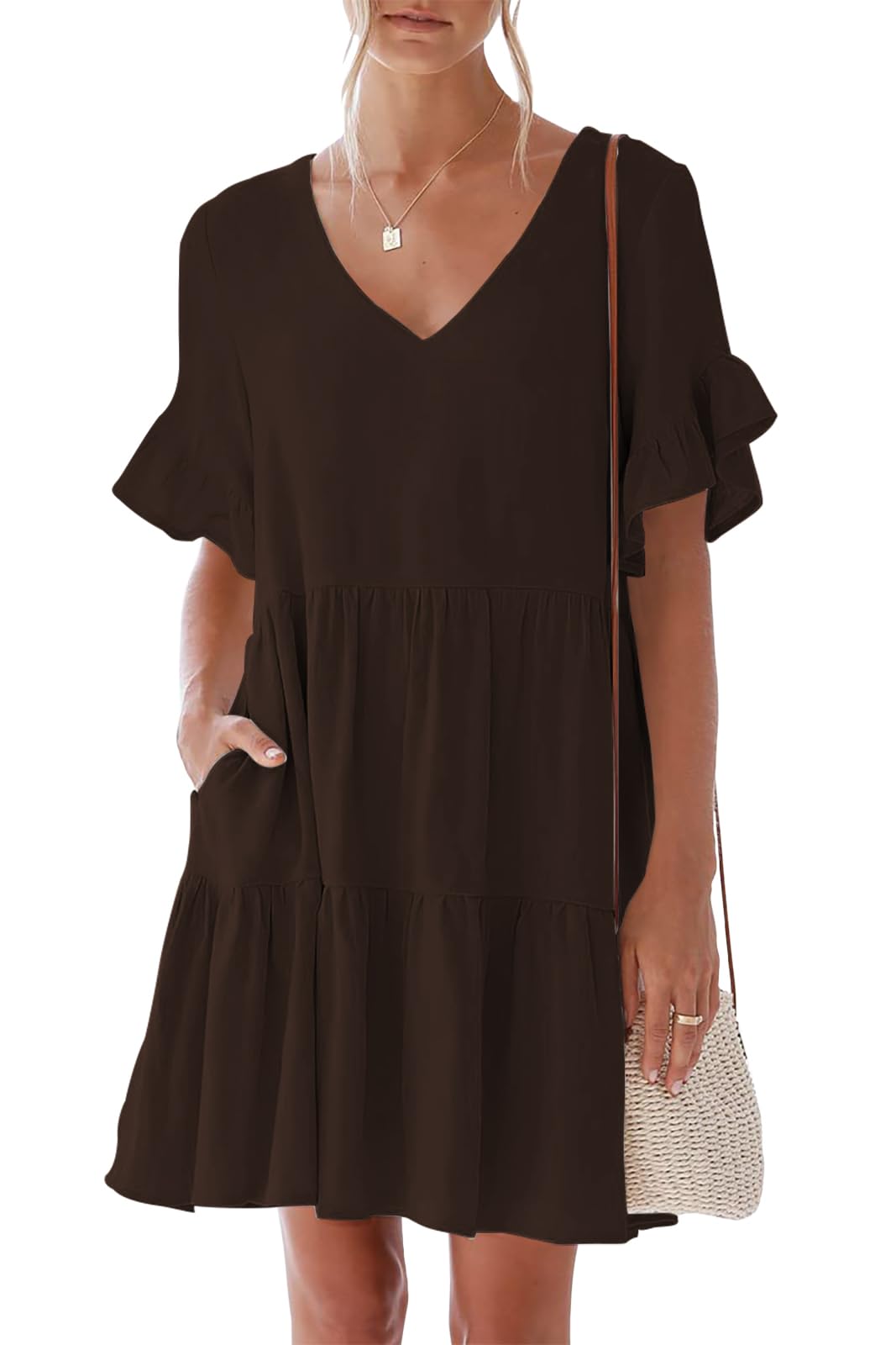 nclook Women's Summer Casual Dress Sweet & Cute V-Neck Mini Dress with Pocket Short Sleevele Ruffle Dress
