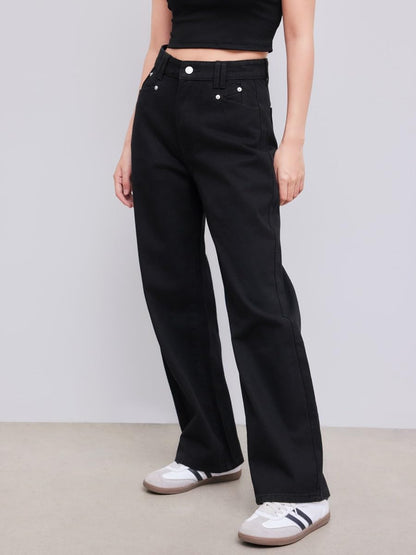 Women's Patchwork Pearl Embellished Jeans High Waisted Solid Color Casual Straight Leg Baggy Denim Pants