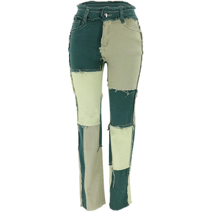 Women's Patchwork Pants Hight Waist Distressed Straight Denim Jeans Wide Leg High Waisted Baggy Drawstring Sweat