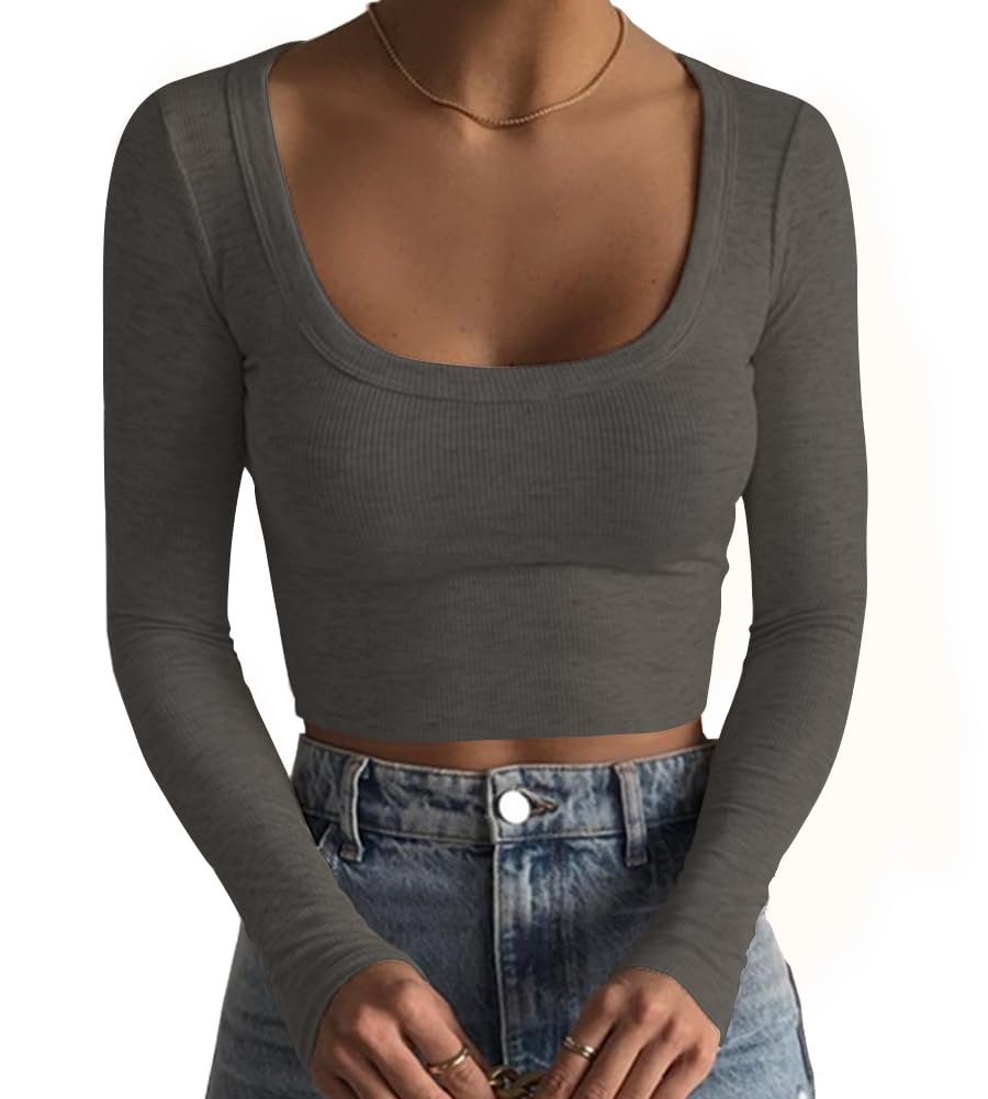 Artfish Women's Square Neck Long Sleeve Ribbed Slim Fitted Casual Basic Crop Top