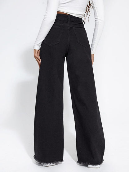 Women's Patchwork Pearl Embellished Jeans High Waisted Solid Color Casual Straight Leg Baggy Denim Pants