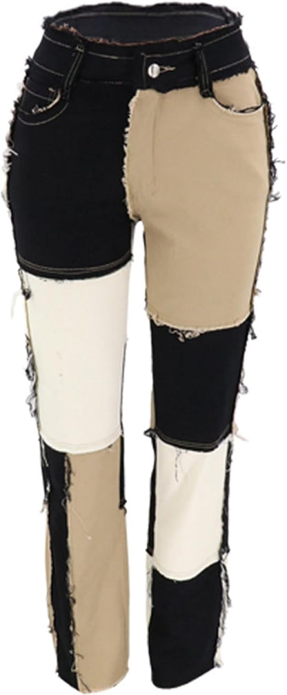Women's Patchwork Pants Hight Waist Distressed Straight Denim Jeans Wide Leg High Waisted Baggy Drawstring Sweat