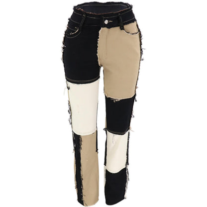 Women's Patchwork Pants Hight Waist Distressed Straight Denim Jeans Wide Leg High Waisted Baggy Drawstring Sweat