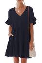 nclook Women's Summer Casual Dress Sweet & Cute V-Neck Mini Dress with Pocket Short Sleevele Ruffle Dress