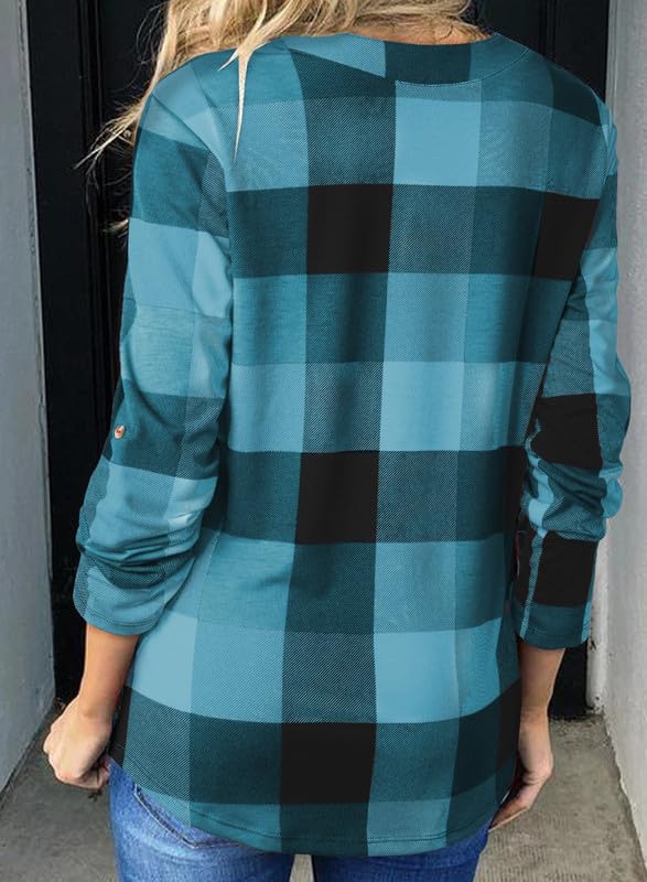 Dokotoo Womens Basic Casual V Neck Plaid Print Cotton Cuffed Long Sleeve Work Tops Blouses Shirts S-3XL