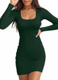 Valiamcep Women's Dress Square Neck Long Sleeve Ribbed Knit Slim Fitted Basic Bodycon Mini Pencil Dresses