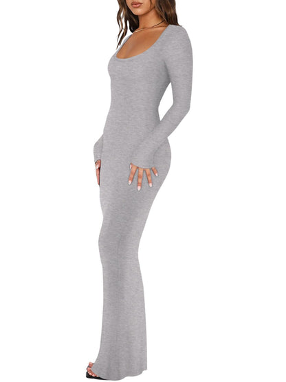 REORIA Womens Basic Sexy Square Neck Long Sleeve Soft Lounge Long Dress Fall Casual Ribbed Bodycon Maxi Dresses