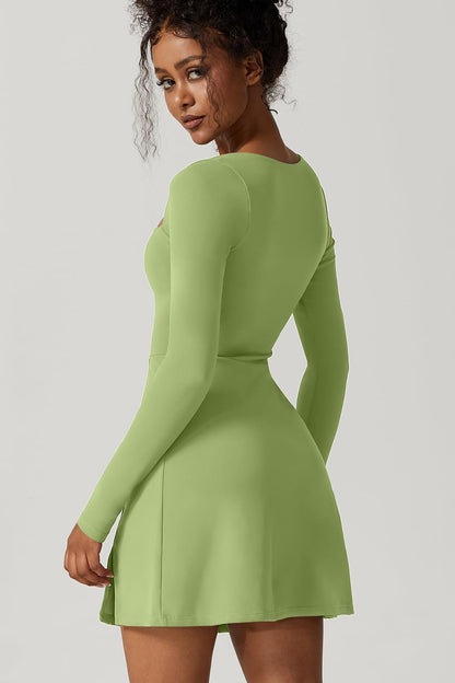 QINSEN Womens Square Neck Bodice Dress Long Sleeve Side Slit Flare Mini Dresses