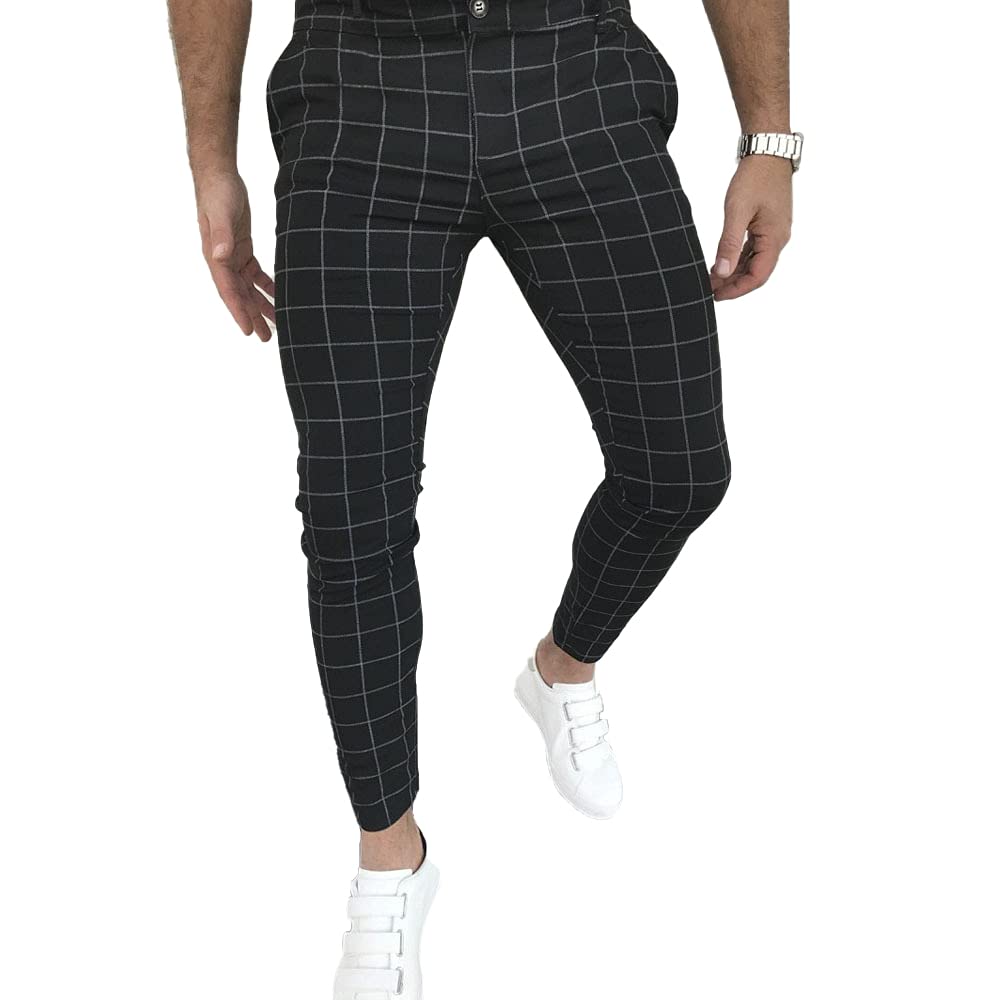 Men's Fashion Stretch Dress Pants Slim Fit Plaid Skinny Long Pants Casual Business Golf Dress Pants