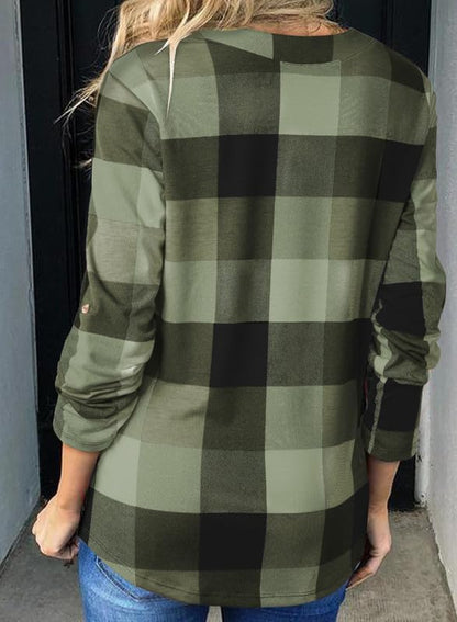 Dokotoo Womens Basic Casual V Neck Plaid Print Cotton Cuffed Long Sleeve Work Tops Blouses Shirts S-3XL