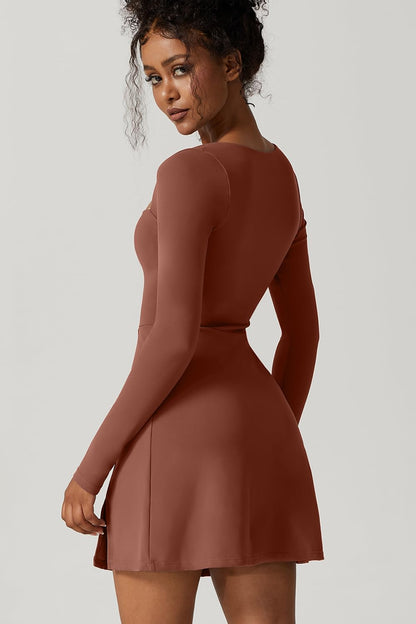 QINSEN Womens Square Neck Bodice Dress Long Sleeve Side Slit Flare Mini Dresses