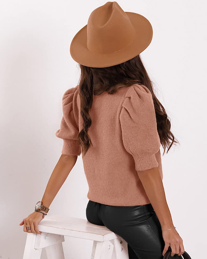 Women's Puff Short Sleeve Sweater Tops 2024 Spring Summer Trendy Crew Neck Casual T Shirts Blouses