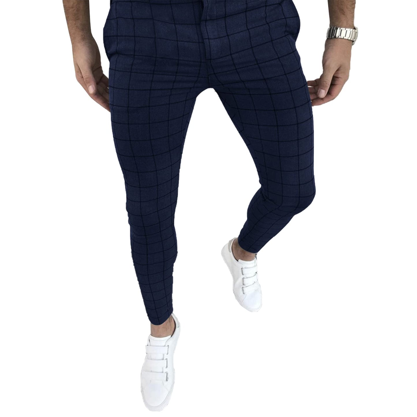 Men's Fashion Stretch Dress Pants Slim Fit Plaid Skinny Long Pants Casual Business Golf Dress Pants