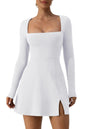 QINSEN Womens Square Neck Bodice Dress Long Sleeve Side Slit Flare Mini Dresses