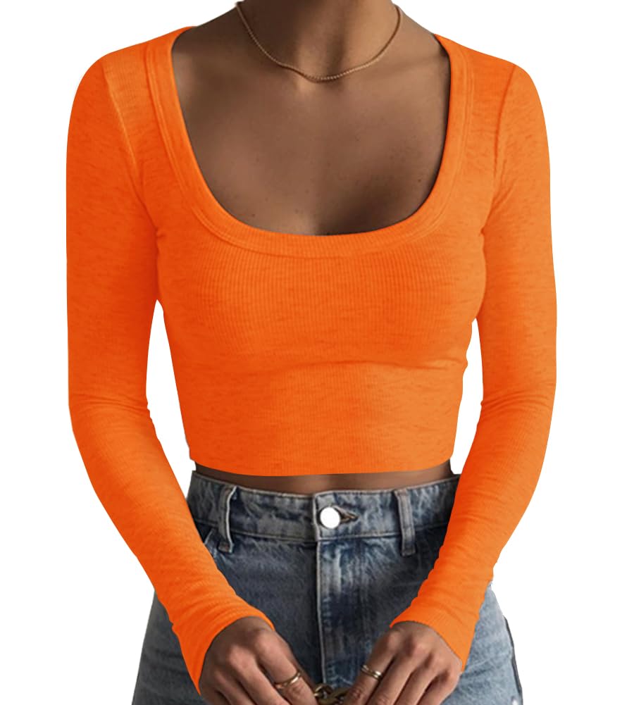 Artfish Women's Square Neck Long Sleeve Ribbed Slim Fitted Casual Basic Crop Top
