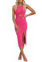 oten Women's Casual Sleeveless Cutout Twist Front Side Slit Ribbed Knit Party Bodycon Midi Dresses