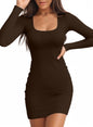 Valiamcep Women's Dress Square Neck Long Sleeve Ribbed Knit Slim Fitted Basic Bodycon Mini Pencil Dresses