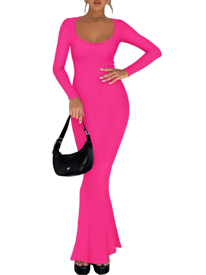 REORIA Womens Basic Sexy Square Neck Long Sleeve Soft Lounge Long Dress Fall Casual Ribbed Bodycon Maxi Dresses