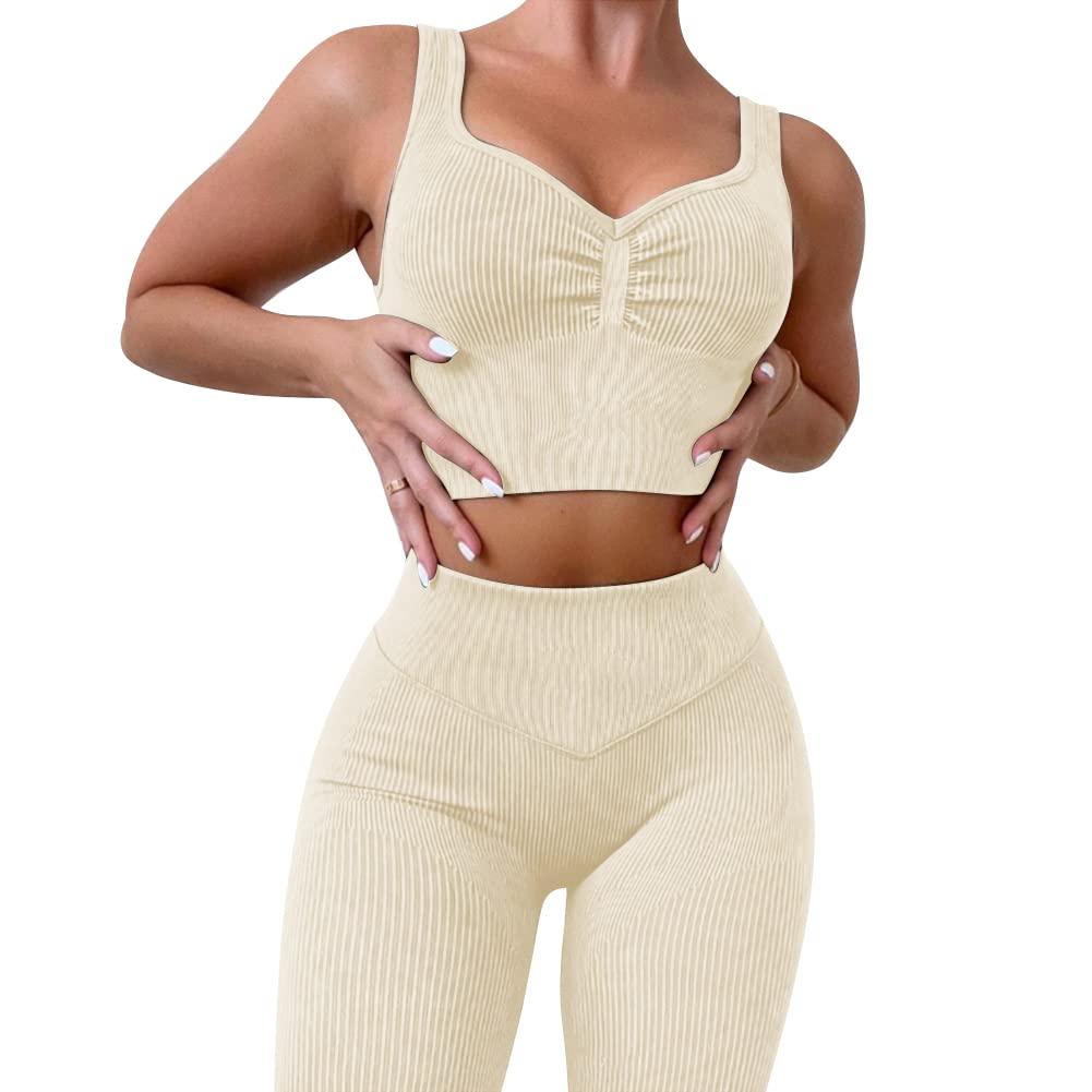 ABOCIW Workout Sets for Women 2 Piece Ribbed Seamless High Waist Scrunch Butt Leggings with Sport Bra Gym Yoga Outfits