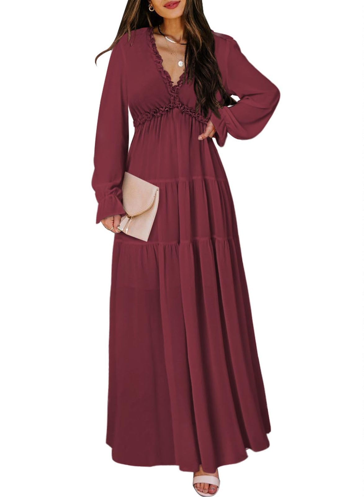 BLENCOT Womens Casual Boho Deep V Neck Short Sleeve Long Dress