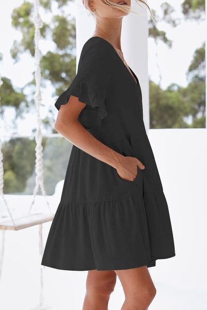nclook Women's Summer Casual Dress Sweet & Cute V-Neck Mini Dress with Pocket Short Sleevele Ruffle Dress