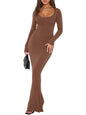 REORIA Womens Basic Sexy Square Neck Long Sleeve Soft Lounge Long Dress Fall Casual Ribbed Bodycon Maxi Dresses