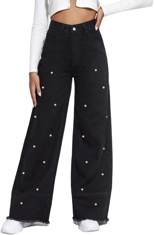 Women's Patchwork Pearl Embellished Jeans High Waisted Solid Color Casual Straight Leg Baggy Denim Pants