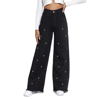 Women's Patchwork Pearl Embellished Jeans High Waisted Solid Color Casual Straight Leg Baggy Denim Pants