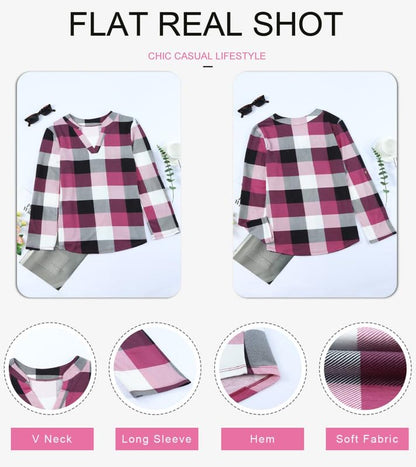 Dokotoo Womens Basic Casual V Neck Plaid Print Cotton Cuffed Long Sleeve Work Tops Blouses Shirts S-3XL