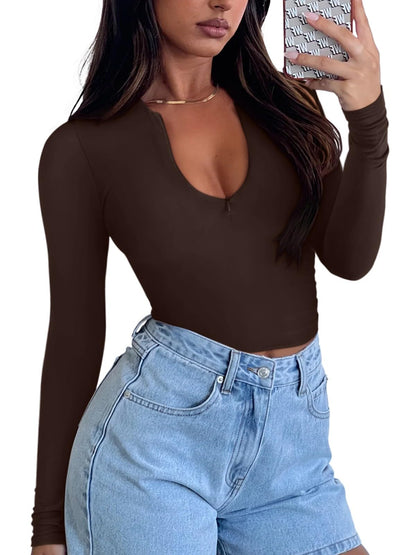 REORIA Double Lined Quarter Zip Sexy V Neck Long Sleeve Cropped Top Going Out Tops for Womens Fall Fashion 2024