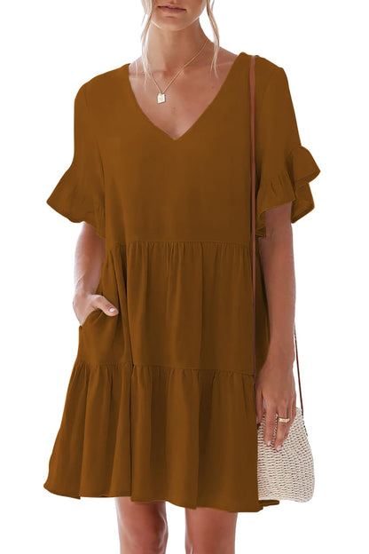 nclook Women's Summer Casual Dress Sweet & Cute V-Neck Mini Dress with Pocket Short Sleevele Ruffle Dress