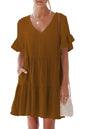 nclook Women's Summer Casual Dress Sweet & Cute V-Neck Mini Dress with Pocket Short Sleevele Ruffle Dress