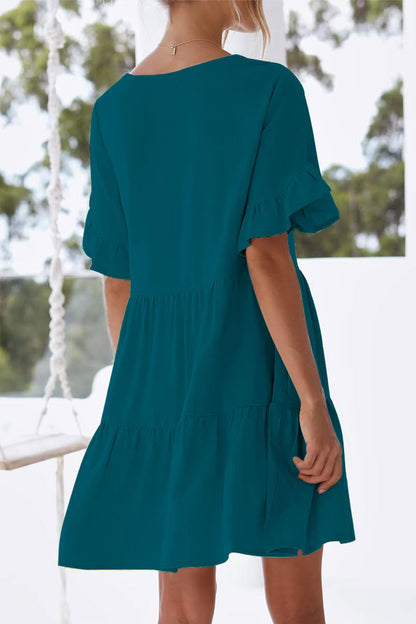 nclook Women's Summer Casual Dress Sweet & Cute V-Neck Mini Dress with Pocket Short Sleevele Ruffle Dress