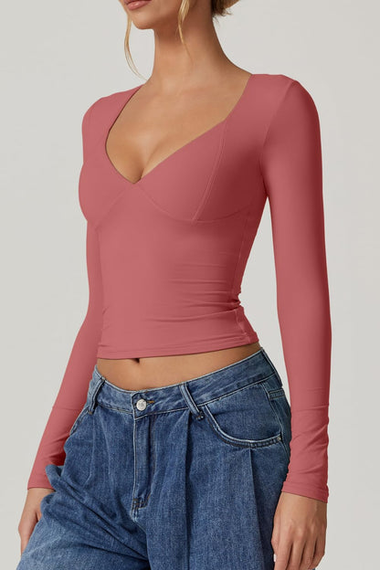 QINSEN Women's Long Sleeve V Neck T Shirts Double Lined Crop Top Seamed Cup Going Out Tops