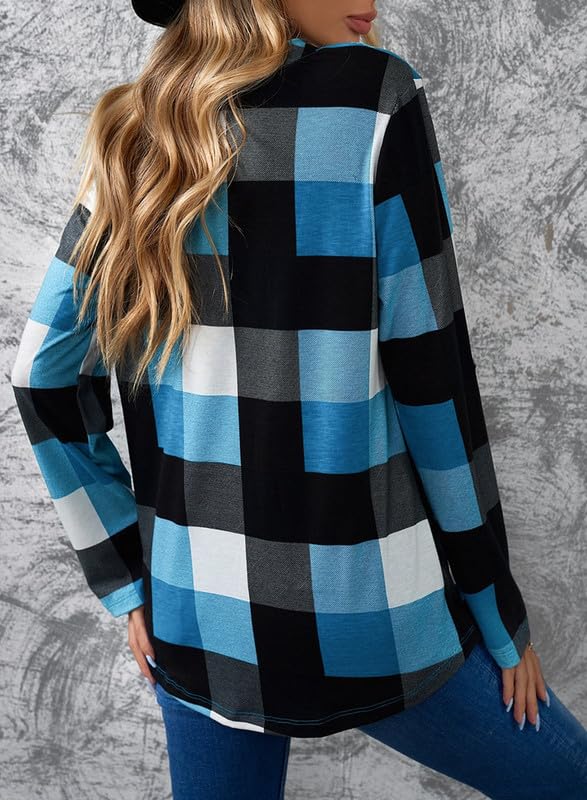 Dokotoo Womens Basic Casual V Neck Plaid Print Cotton Cuffed Long Sleeve Work Tops Blouses Shirts S-3XL