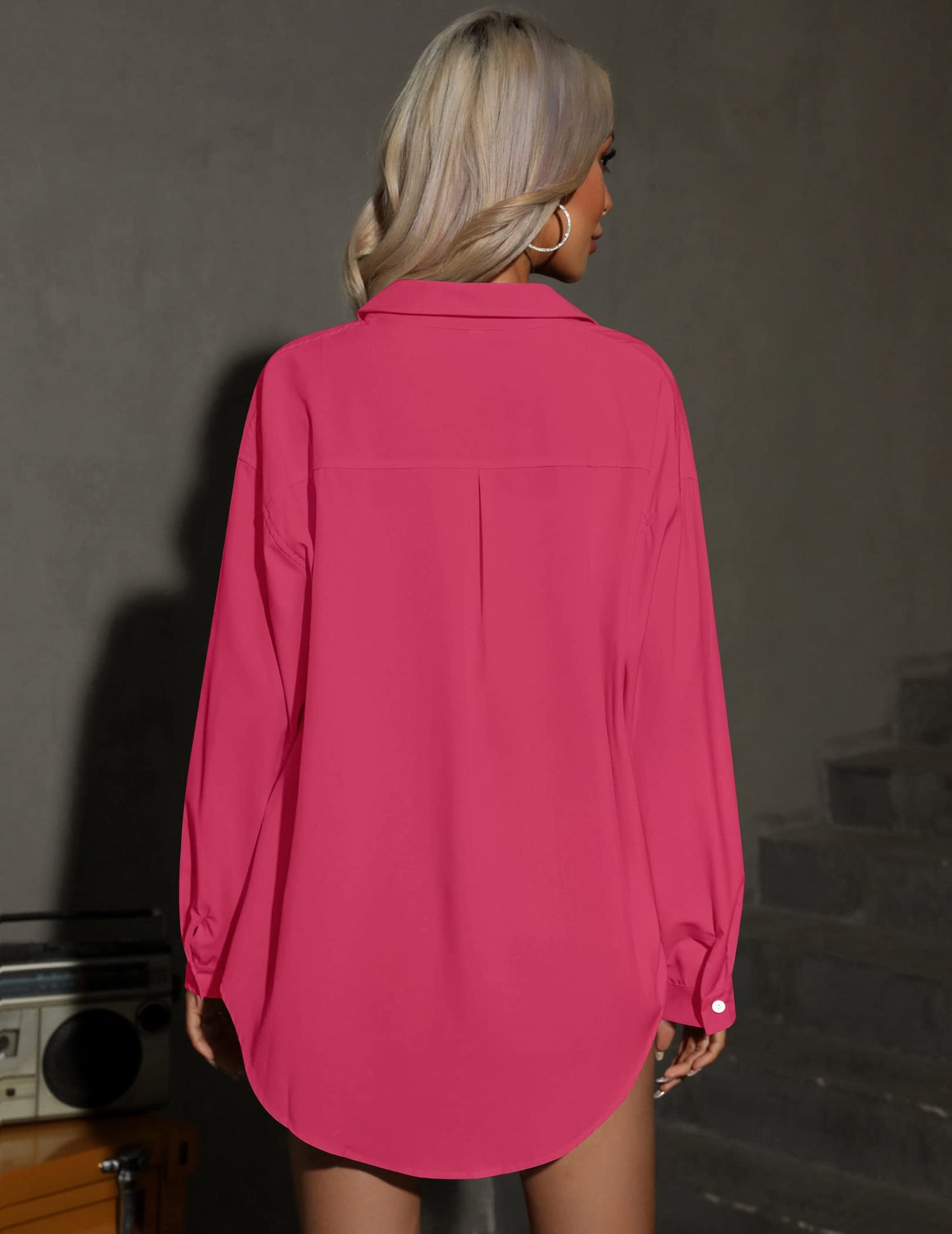 HOTOUCH Women Oversized Button Down Shirts Office Drop Shoulder Blouse Long Sleeve Boyfriend Dress Shirt with Pockets