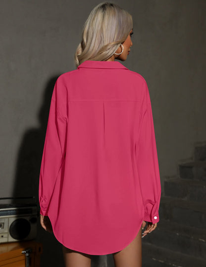 HOTOUCH Women Oversized Button Down Shirts Office Drop Shoulder Blouse Long Sleeve Boyfriend Dress Shirt with Pockets