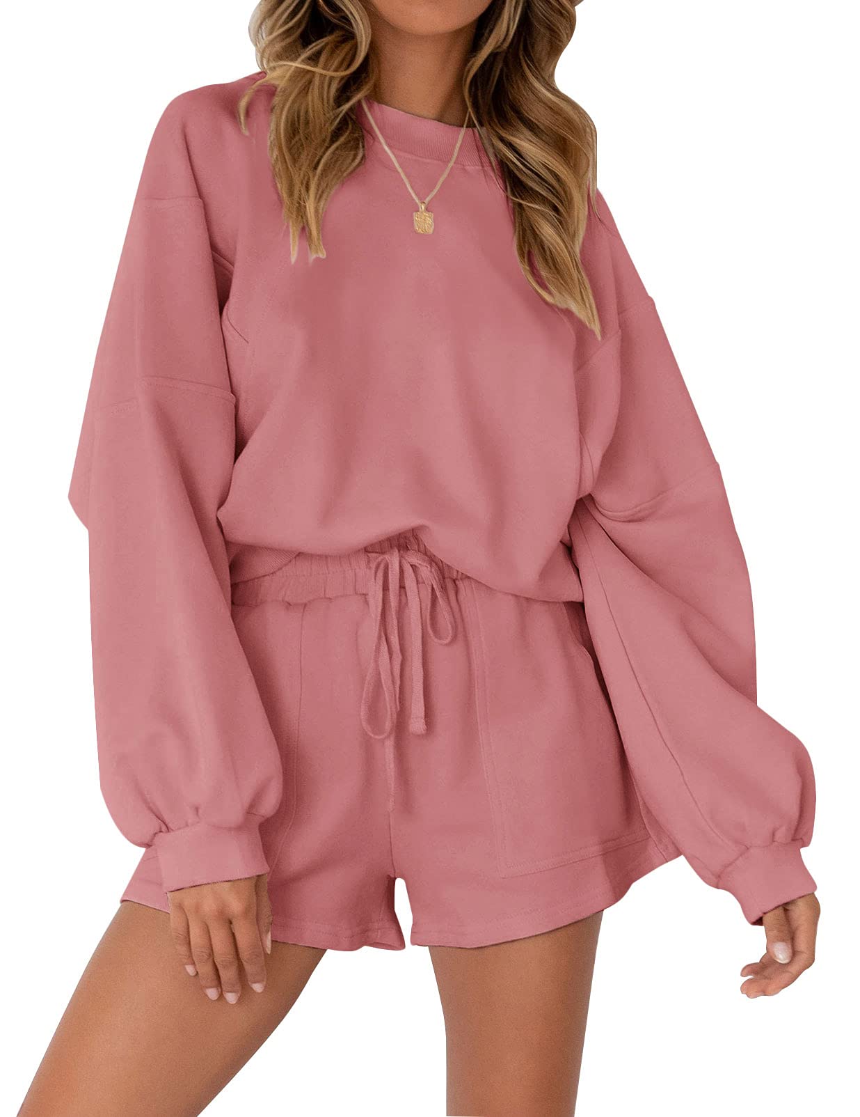 MEROKEETY Women's 2024 Fall Oversized Batwing Sleeve Lounge Sets Casual Top and Shorts 2 Piece Outfits Sweatsuit