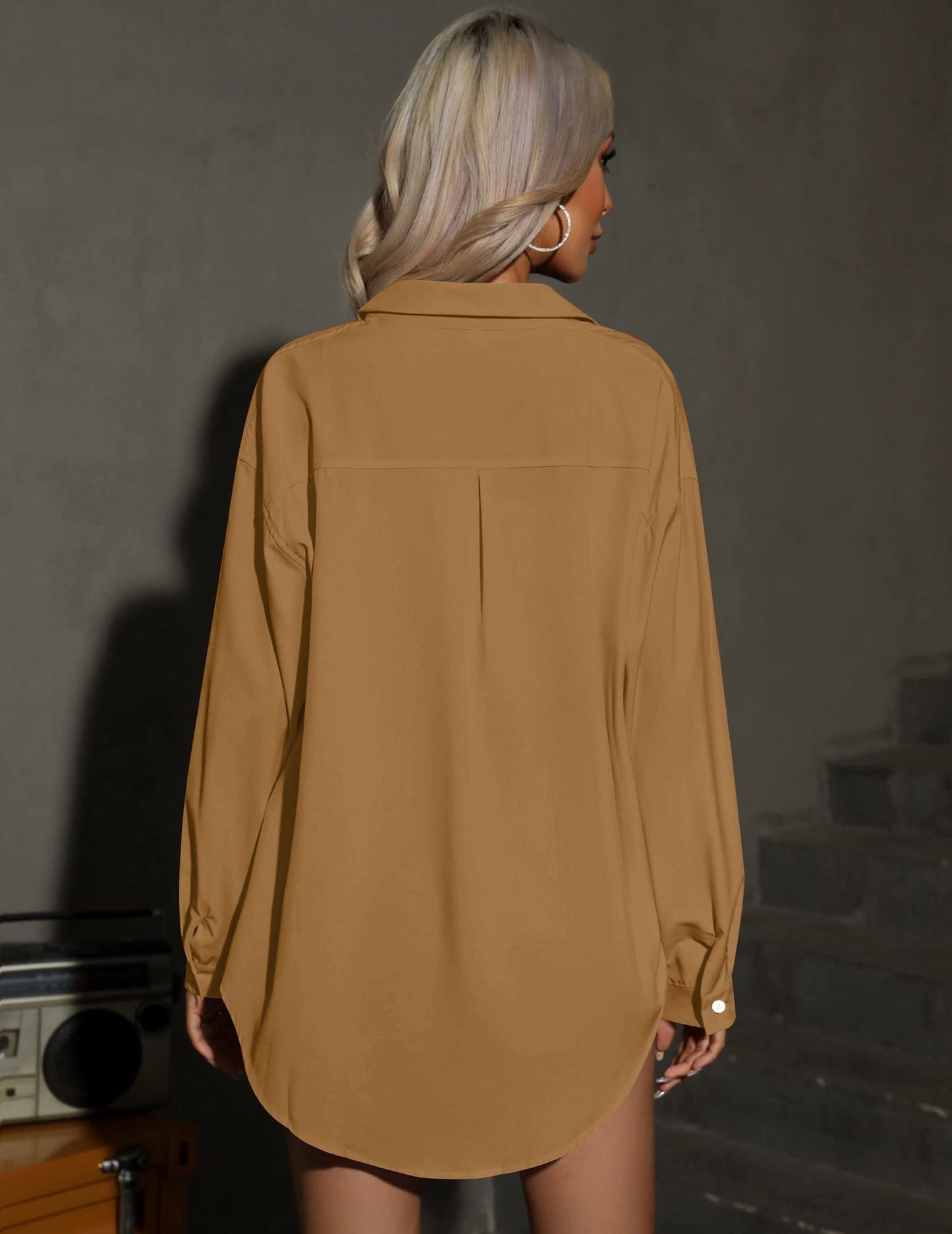 HOTOUCH Women Oversized Button Down Shirts Office Drop Shoulder Blouse Long Sleeve Boyfriend Dress Shirt with Pockets
