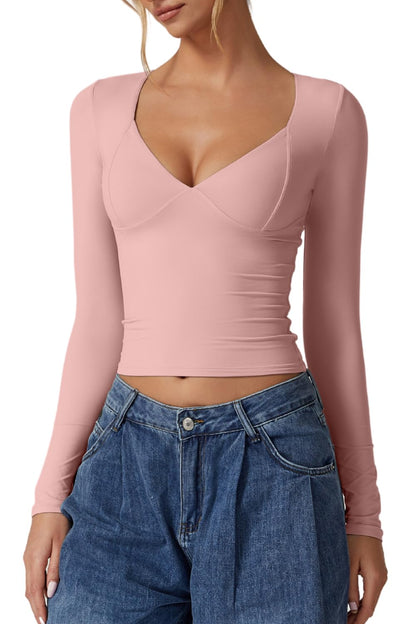 QINSEN Women's Long Sleeve V Neck T Shirts Double Lined Crop Top Seamed Cup Going Out Tops