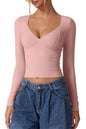QINSEN Women's Long Sleeve V Neck T Shirts Double Lined Crop Top Seamed Cup Going Out Tops