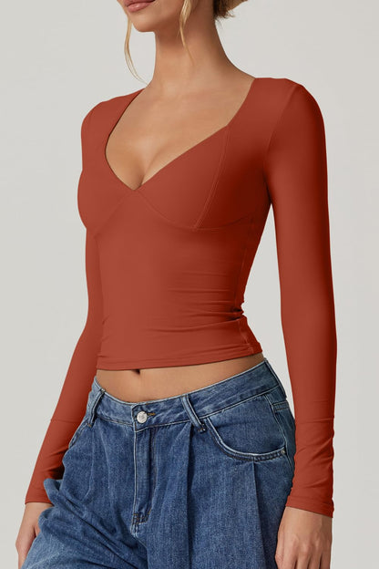 QINSEN Women's Long Sleeve V Neck T Shirts Double Lined Crop Top Seamed Cup Going Out Tops