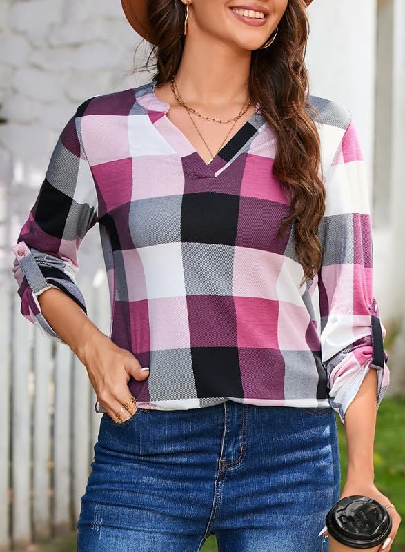 Dokotoo Womens Basic Casual V Neck Plaid Print Cotton Cuffed Long Sleeve Work Tops Blouses Shirts S-3XL