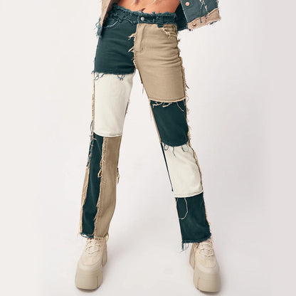 Women's Patchwork Pants Hight Waist Distressed Straight Denim Jeans Wide Leg High Waisted Baggy Drawstring Sweat