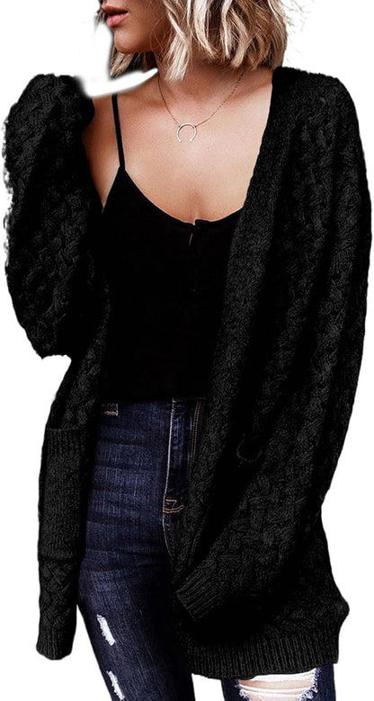 Dokotoo Women's 2024 Fashion Casual Open Front Long Sleeve Chunky Cable Knit Cardigans Sweaters Outerwear Coats with Pockets