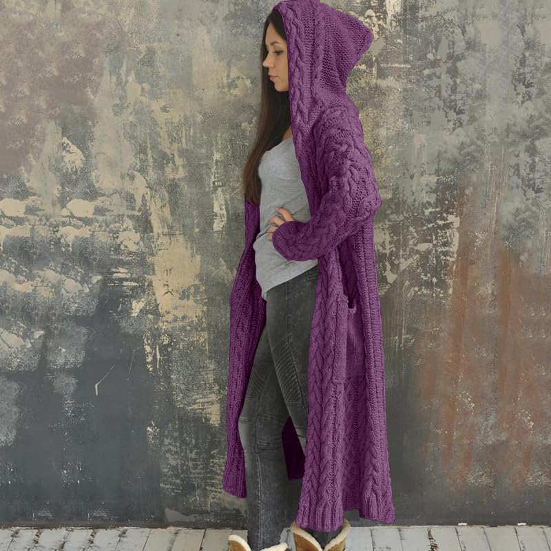 NIUBIA Womens Casual Long Sleeve Open Cardigan Warm Hooded Outwear Coat Cable Knit Long Cardigan Sweaters with Pockets